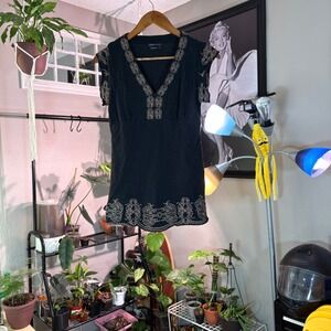 BCBGMAXAZRIA Black Embroidered Dress Bohemian Mini Dress Women's